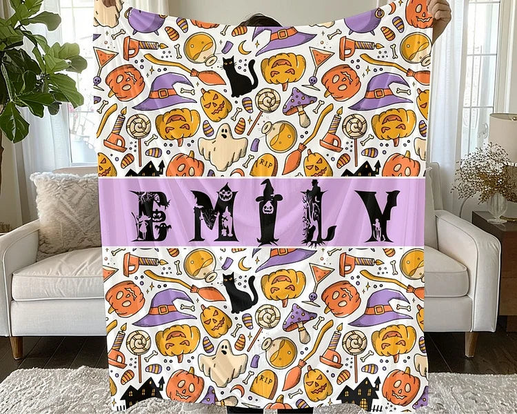 Custom Halloween Name Blanket Personalized Halloween Theme Black Cat Blanket