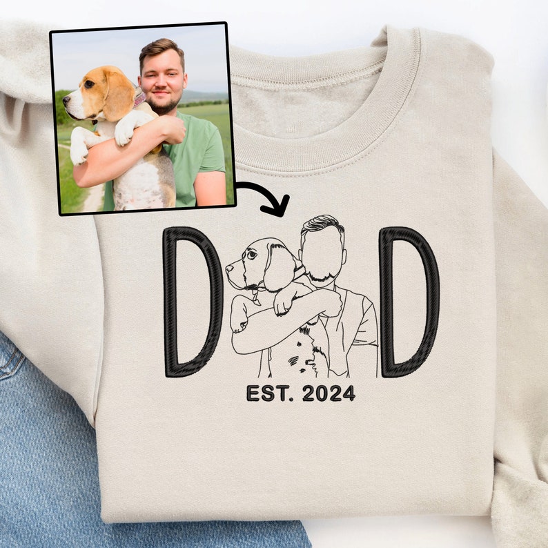 Custom Embroidered Dog Dad / Dog Mom Hoodie Sweatshirt T-shirt with Portrait from Photo