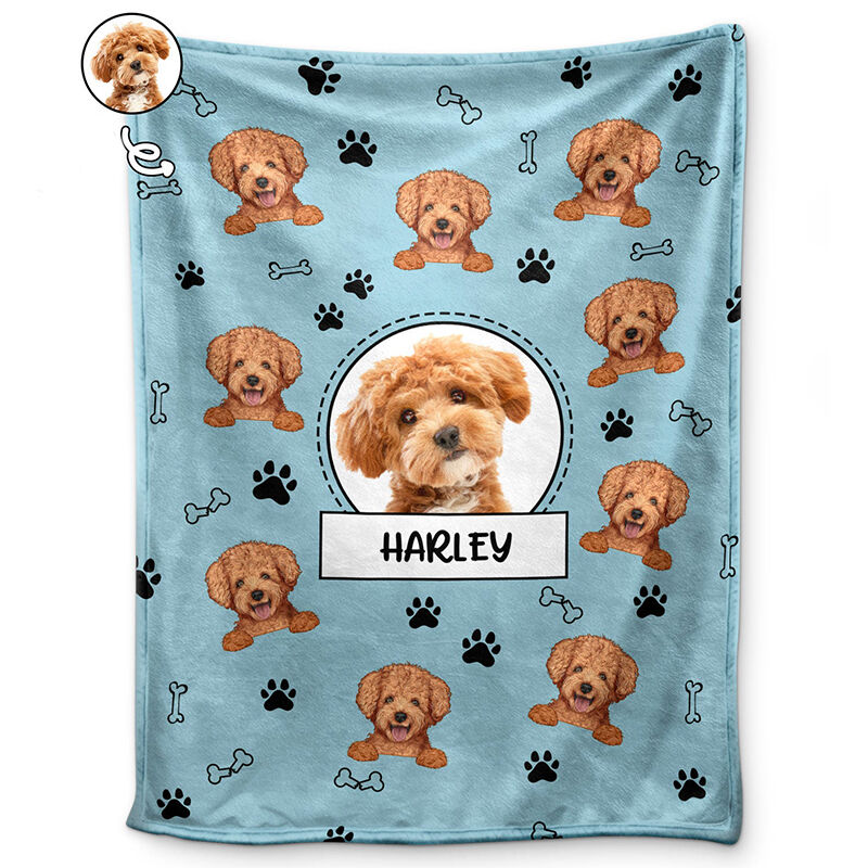 Personalized Picture Blanket with Bones And Footprints Pattern Cute Present for Pet Lover