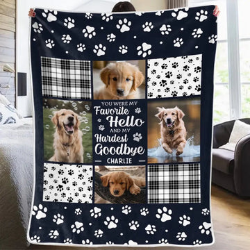 Personalized Memorial Blanket – 'My Favorite Hello, Hardest Goodbye' Custom Photo Blanket – Pet Loss Sympathy Gift for Pet Owners