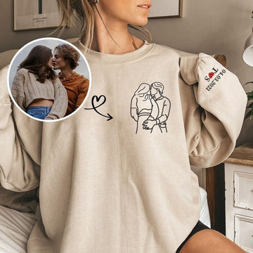 Custom Outline Photo Embroidered Portrait Sweatshirt Couple Family Gift