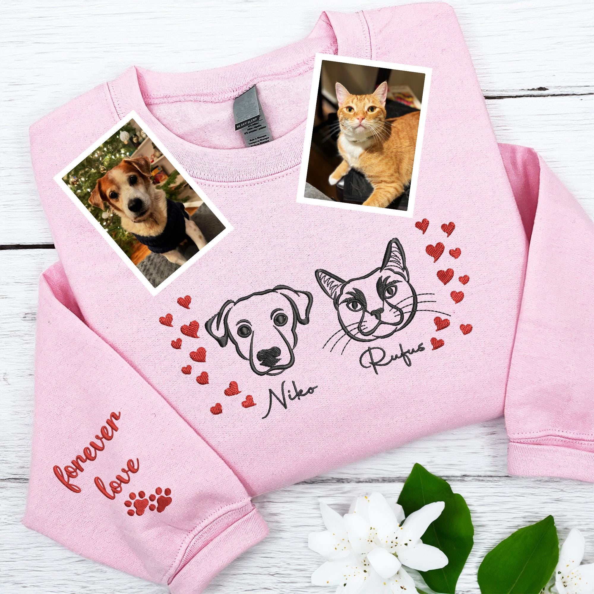 Custom Pet Portrait Outline Embroidered Sweatshirt Hoodie T-shirt, Valentine's Day Gifts