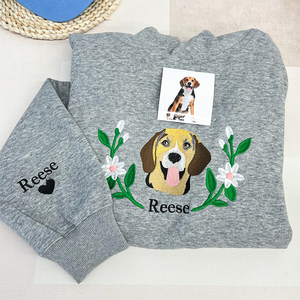 Custom Embroidered Hoodie/Sweatshirt With Pet Portrait  Flower