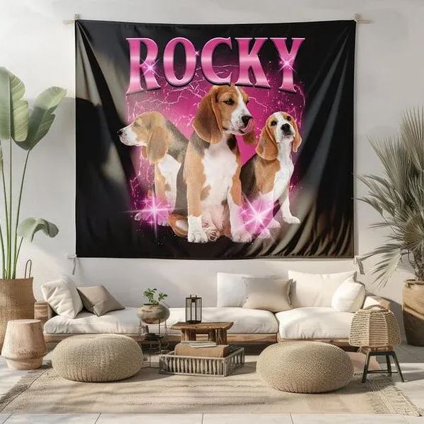 Custom Dog Tapestry, Bootleg Photo Wall Hanging, Vintage Pet Retro 90's Dog Wall Decor, Custom Pet Tapestry