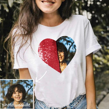 Custom Photo or Text Cotton T-shirt DIY Heart Sequin Tee For Men and Women